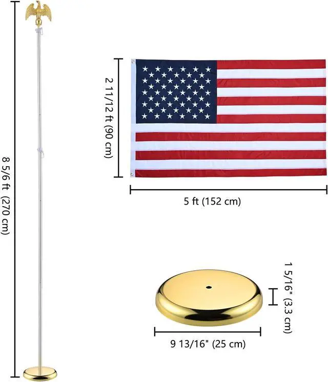 Alt view image 6 of 7 - Yescom 2 Pack 8 Ft Sectional Indoor Flag Pole Set Base Eagle Aluminum 3x5Ft  US Flag