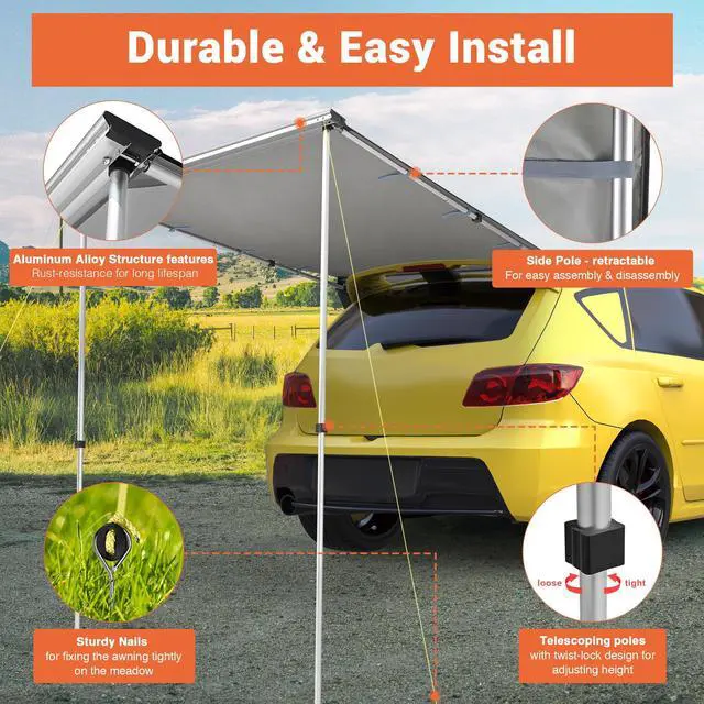 Alt view image 3 of 7 - Yescom Vehicle Awning 4.6x6.6' Retractable Car Side Roof Rack Overlanding Shade for SUV Truck Tailgate Outdoor Camping Travel, Gray