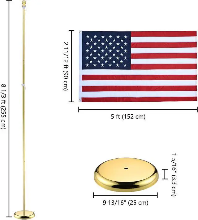 Alt view image 6 of 7 - Yescom 8 Ft Sectional Indoor Flag Pole Kit Gold Finial Base Aluminum 3x5 Ft  US Flag