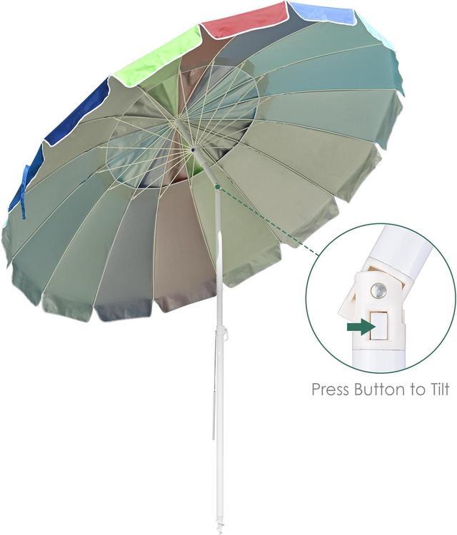Alt view image 7 of 7 - 8 ft Metal Rainbow Beach Patio Umbrella 16 Rib Tilt Market Table Umbrella Sunshade Cover