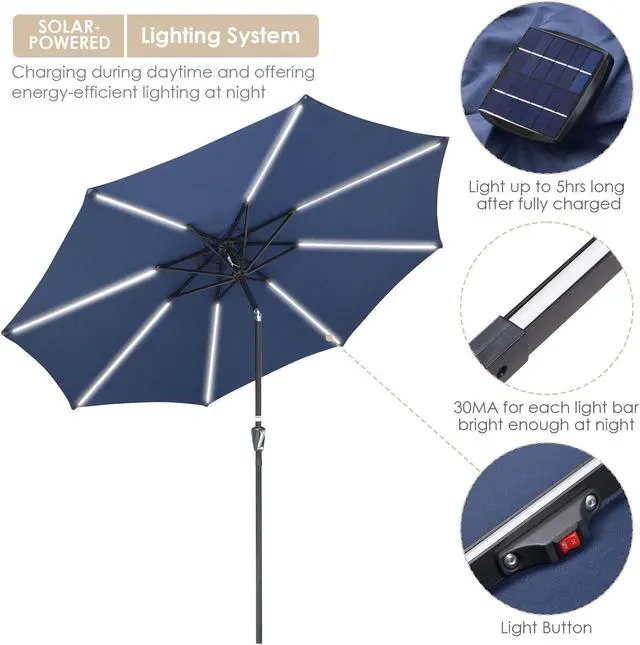 Alt view image 3 of 7 - 9ft Solar Power LED Patio Umbrella Outdoor Yard Parasol Sunshade Tilt with Crank