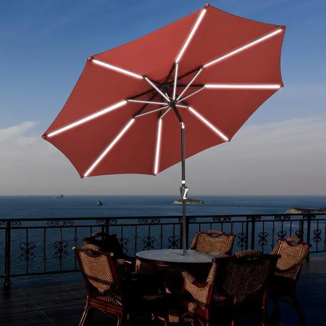 Alt view image 2 of 7 - 9ft Solar Powered LED Patio Umbrella Outdoor Parasol Sunshade Tilt with Crank