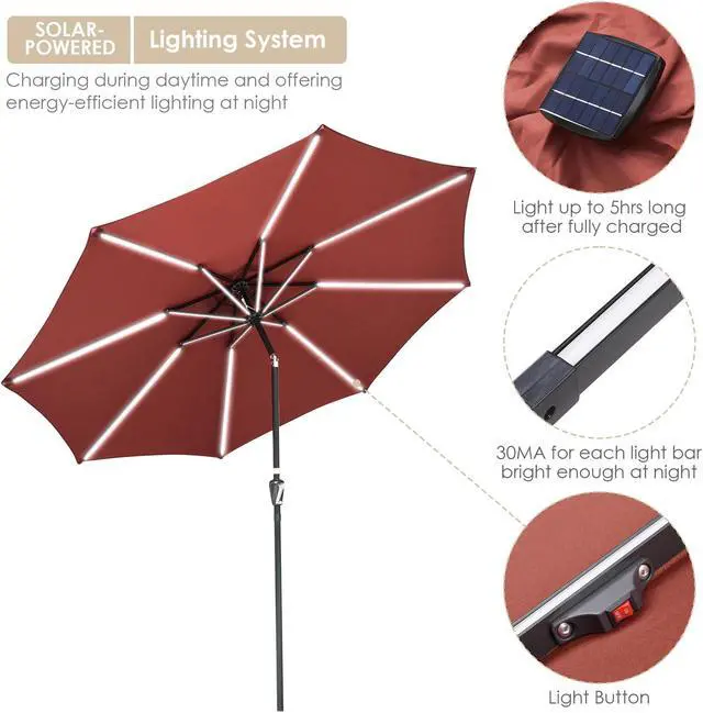Alt view image 3 of 7 - 9ft Solar Powered LED Patio Umbrella Outdoor Parasol Sunshade Tilt with Crank