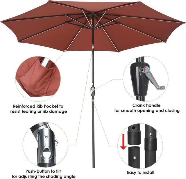 Alt view image 5 of 7 - 9ft Solar Powered LED Patio Umbrella Outdoor Parasol Sunshade Tilt with Crank