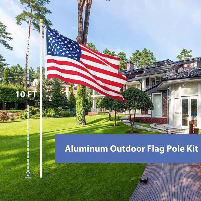 Alt view image 2 of 7 - Yescom Bravery 10Ft Flag Pole Kit Aluminum Outside Inground Yard Garden with 3'x5' USA Flag Ball Top Silver2 Packs