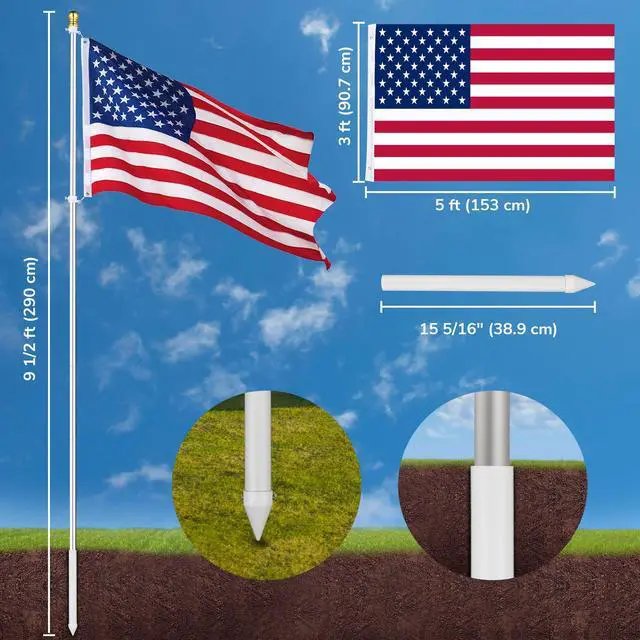 Alt view image 5 of 7 - Yescom Bravery 10Ft Flag Pole Kit Aluminum Outside Inground Yard Garden with 3'x5' USA Flag Ball Top Silver2 Packs