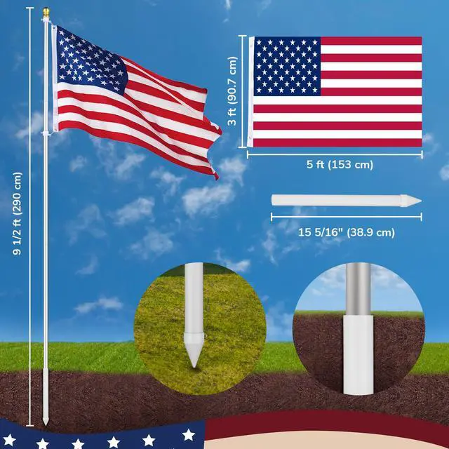 Alt view image 6 of 7 - Yescom Bravery 10Ft Flag Pole Kit Aluminum Outside Inground Yard Garden with 3'x5' USA Flag Ball Top Silver2 Packs