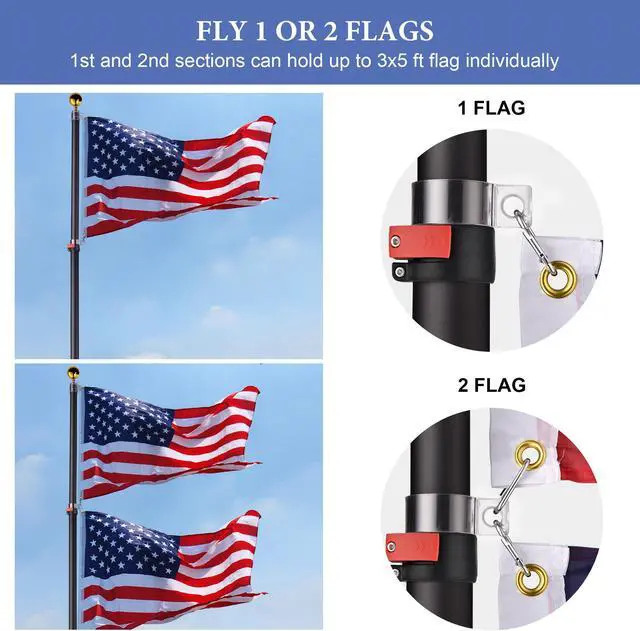 Alt view image 5 of 7 - Yescom EZ GO 20ft Telescopic Flag Pole Kit Wheel Tire Mount Stand Upgrade Rotating Lock Outdoor Camper RV Tailgate Black