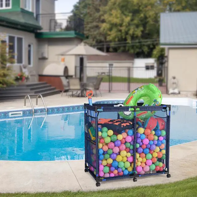 Alt view image 7 of 7 - Yescom Metal Frame 6 Wheels Large Mesh Pool Storage Bin Netting Organizer, 37"x24"x35" Rolling Storage Cart, Upgrade Sturdy Connector, Extra Large Side Pockets for Float Goggles Container, Blue