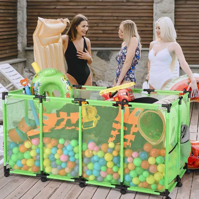 Alt view image 6 of 7 - Yescom Metal Frame Extra Large 12 Wheels Rolling Mesh Pool Storage Bin 65"x 30"x 33" Pool Toy Floats Storage Organizer for Public Pools, Poolside Parties, XXX-Large, Green