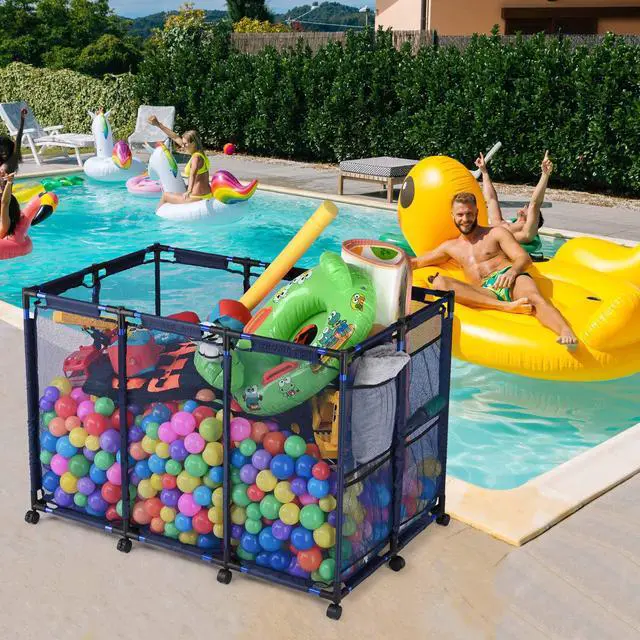 Alt view image 7 of 7 - Yescom Metal Frame 10 Wheels Rolling Mesh Pool Storage Bin XX-Large Pool Floats Storage Organizer for Pool Toys Balls Pool Noodles, Upgrade Sturdy Connector, Stable & Easy to Move, 48"x30"x34", Blue