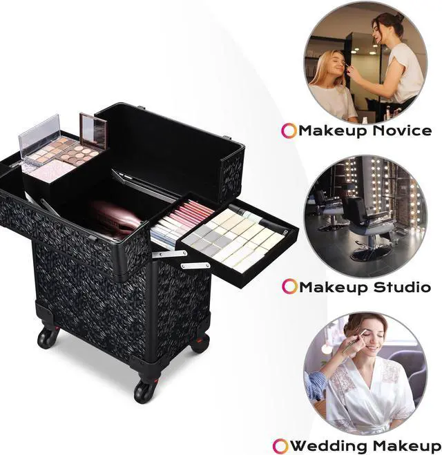 Alt view image 2 of 7 - Byootique Rolling Makeup Train Case Cosmetic Trolley Organizer Mermaid Black