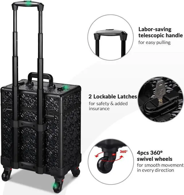 Alt view image 4 of 7 - Byootique Rolling Makeup Train Case Cosmetic Trolley Organizer Mermaid Black