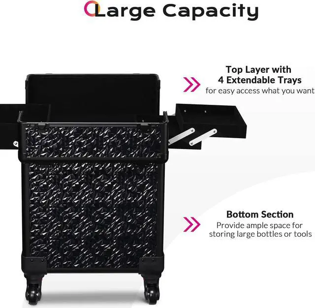 Alt view image 3 of 7 - Byootique Rolling Makeup Train Case Cosmetic Trolley Organizer Mermaid Black