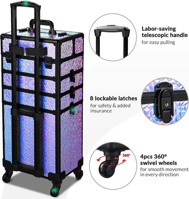Alt view image 4 of 7 - Byootique Mermaid Purple 4in1 Rolling Makeup Train Case Cosmetic Organizer Wheel