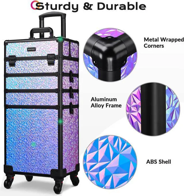 Alt view image 5 of 7 - Byootique Mermaid Purple 4in1 Rolling Makeup Train Case Cosmetic Organizer Wheel