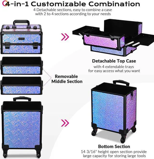 Alt view image 3 of 7 - Byootique Mermaid Purple 4in1 Rolling Makeup Train Case Cosmetic Organizer Wheel
