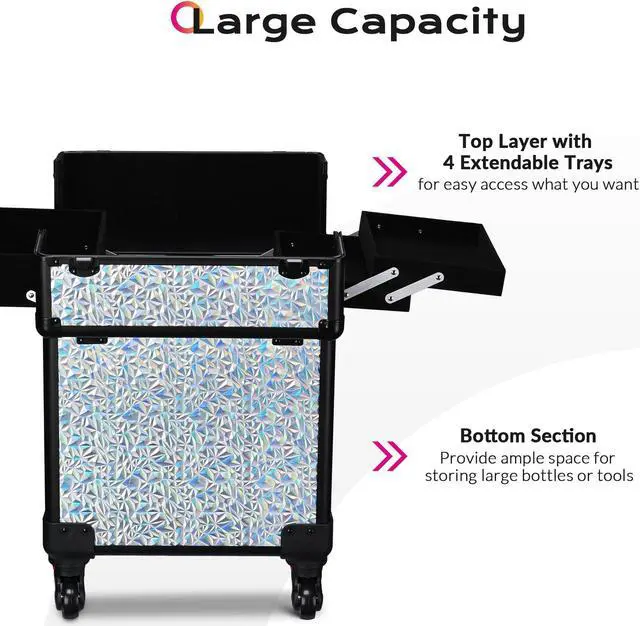 Alt view image 7 of 7 - Byootique Folding Manicure Nail Table & Rolling Makeup Train Case Mermaid Silver