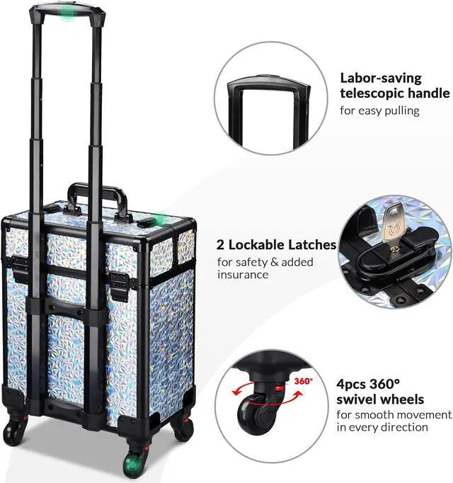 Alt view image 6 of 7 - Byootique Folding Manicure Nail Table & Rolling Makeup Train Case Mermaid Silver