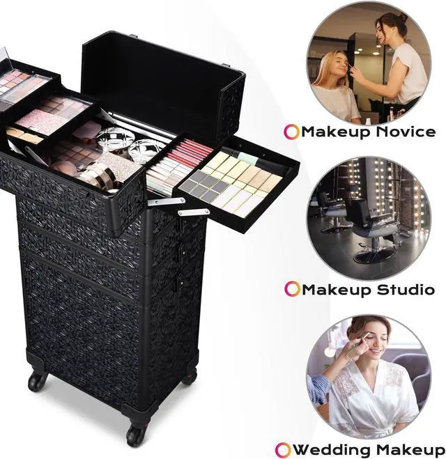 Alt view image 2 of 7 - AW Pro Lockable Aluminum Makeup Case Cosmetic Storage Box w/ Tiers Jewelry Bag Black