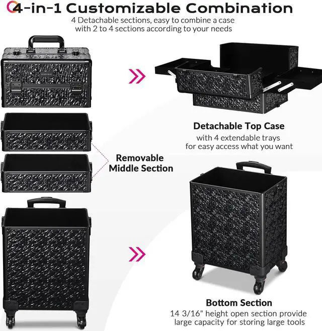 Alt view image 3 of 7 - AW Pro Lockable Aluminum Makeup Case Cosmetic Storage Box w/ Tiers Jewelry Bag Black