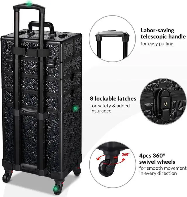 Alt view image 4 of 7 - AW Pro Lockable Aluminum Makeup Case Cosmetic Storage Box w/ Tiers Jewelry Bag Black