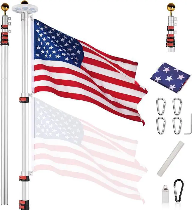 Main image of 25 Ft Telescopic Aluminum Flag Pole Kit with 136 LED Solar Light US Flag Outdoor