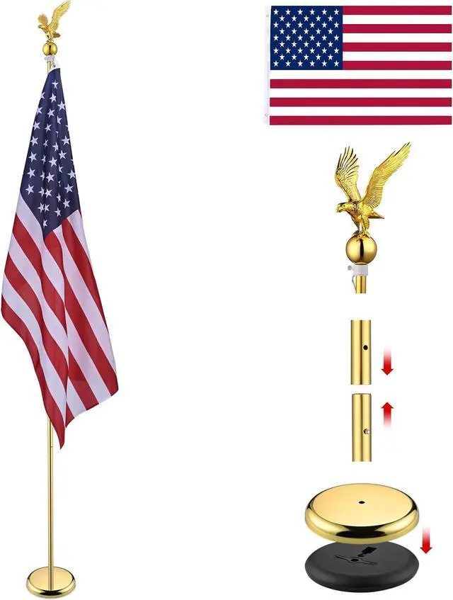 Main image of Yescom 8Ft Indoor Flag Pole Kit Eagle Topper Aluminum Gold Pole with Base 3x5Ft US Flag for Office School City Hall