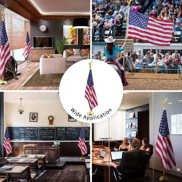 Alt view image 2 of 7 - Yescom 6Ft Indoor Flag Pole Kit Eagle Topper Aluminum Gold Pole with Base 3x5Ft US Flag for Office School City Hall 2Pcs