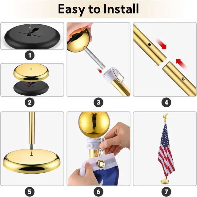 Alt view image 7 of 7 - Yescom 6Ft Indoor Flag Pole Kit Eagle Topper Aluminum Gold Pole with Base 3x5Ft US Flag for Office School City Hall 2Pcs