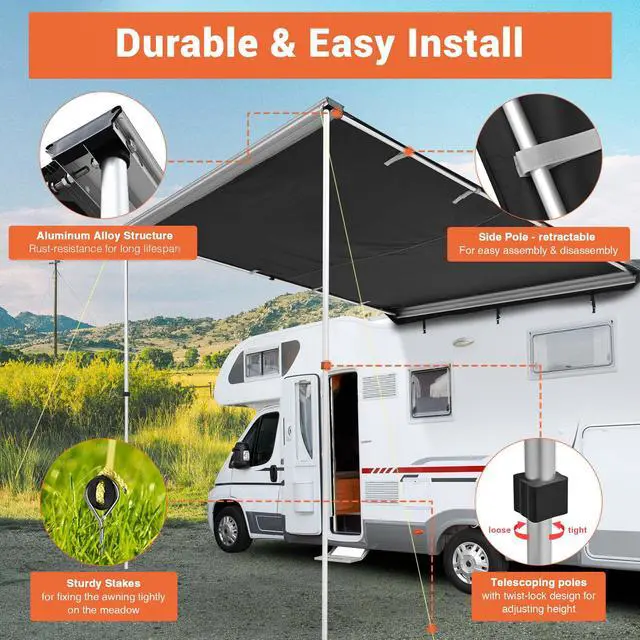 Alt view image 5 of 7 - Yescom Vehicle Awning 6.6x8.4' Retractable Car Side Roof Rack Overlanding Shade for SUV Truck Tailgate Outdoor Camping Travel, Gray
