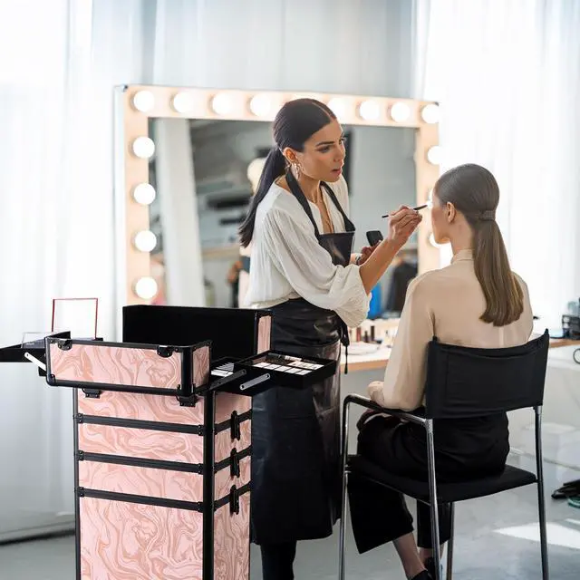 Alt view image 5 of 7 - Byootique Rolling Makeup Train Case 4in1 Cosmetic Trolley Organizer Case Lockable Salon Barber Case Traveling Cart Trunk with Wheels for Makeup Artist Trave Nail,CoyoteButtes Dusk
