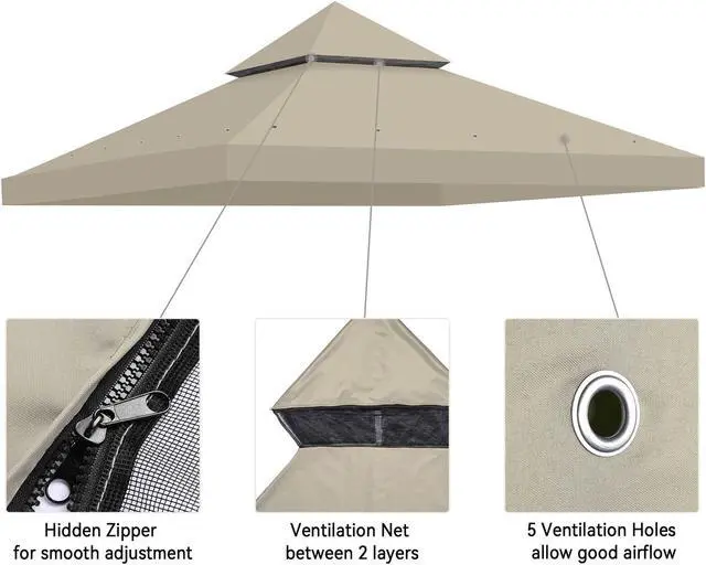 Alt view image 4 of 7 - Yescom 10x10Ft Gazebo Top Replacement 2 Tier PU Water Resistance Outdoor Canopy Cover Patio Garden Outdoor Party Gray