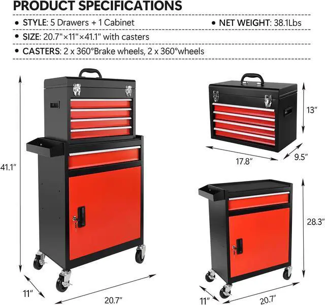Alt view image 5 of 7 - Yescom 5-Drawer Rolling Tool Storage Cabinet Detachable Tool Box Mechanism Metal Tool Cart Garage Repair Workshop