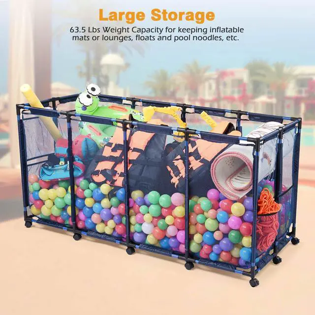 Alt view image 6 of 7 - Yescom Metal Frame Extra Large 12 Wheels Rolling Mesh Pool Storage Bin 65"x 30"x 33" Pool Toy Floats Storage Organizer for Public Pools, Poolside Parties, XXX-Large, Blue
