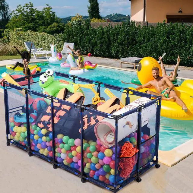 Alt view image 7 of 7 - Yescom Metal Frame Extra Large 12 Wheels Rolling Mesh Pool Storage Bin 65"x 30"x 33" Pool Toy Floats Storage Organizer for Public Pools, Poolside Parties, XXX-Large, Blue