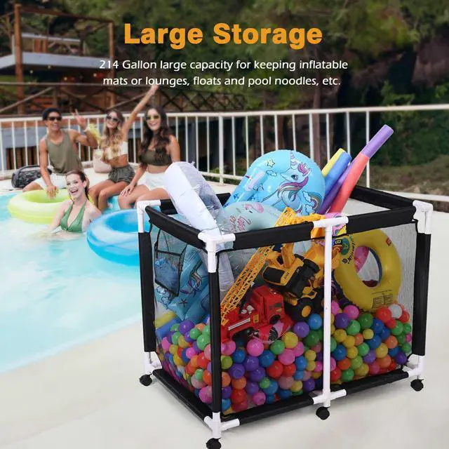 Alt view image 6 of 7 - Yescom Extra Large Mesh Pool Storage Bin 214 Gallon Noodles Holder Toys Organizer 6 Wheels Cart Black