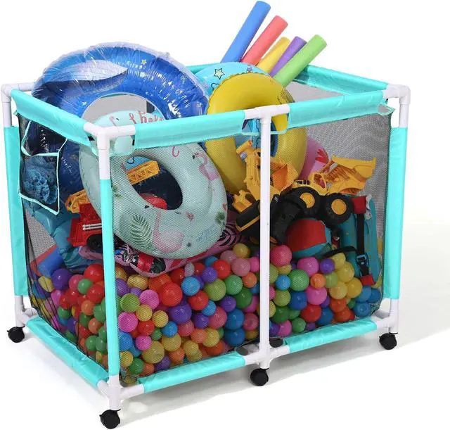 Alt view image 2 of 7 - Yescom Extra Large Mesh Pool Storage Bin 214 Gallon Noodles Holder Toys Organizer 6 Wheels Rolling Cart Blue