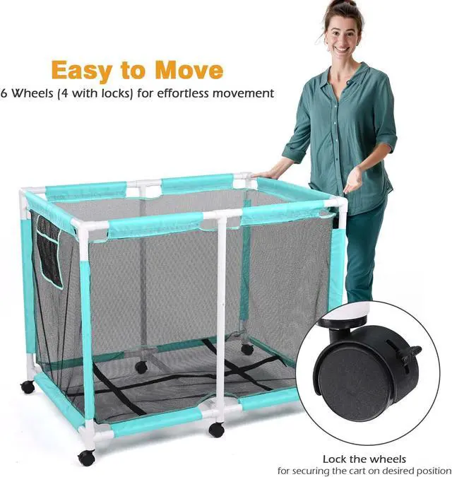 Alt view image 5 of 7 - Yescom Extra Large Mesh Pool Storage Bin 214 Gallon Noodles Holder Toys Organizer 6 Wheels Rolling Cart Blue