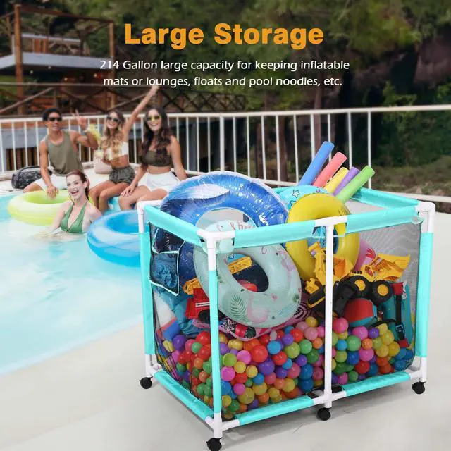 Alt view image 7 of 7 - Yescom Extra Large Mesh Pool Storage Bin 214 Gallon Noodles Holder Toys Organizer 6 Wheels Rolling Cart Blue