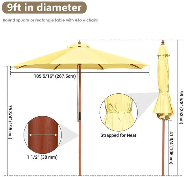 Alt view image 7 of 7 - Yescom 9FT Wooden Patio Umbrella UV30+ for Beach Pool Wedding Party Table Market Garden Yard Hotel Deck Cafe Yellow