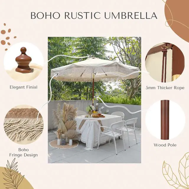 Alt view image 3 of 7 - LAGarden BOHO 9' Fringe Patio Umbrella with Tassels UPF50+ Boho Style 5-Year-Non-Fading for Outdoor Yard Market Butter Twisted Root