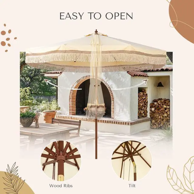Alt view image 5 of 7 - LAGarden BOHO 9' Fringe Patio Umbrella with Tassels UPF50+ Boho Style 5-Year-Non-Fading for Outdoor Yard Market Butter Twisted Root