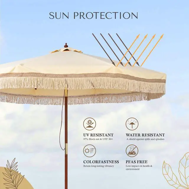 Alt view image 4 of 7 - LAGarden BOHO 9' Fringe Patio Umbrella with Tassels UPF50+ Boho Style 5-Year-Non-Fading for Outdoor Yard Market Butter Twisted Root