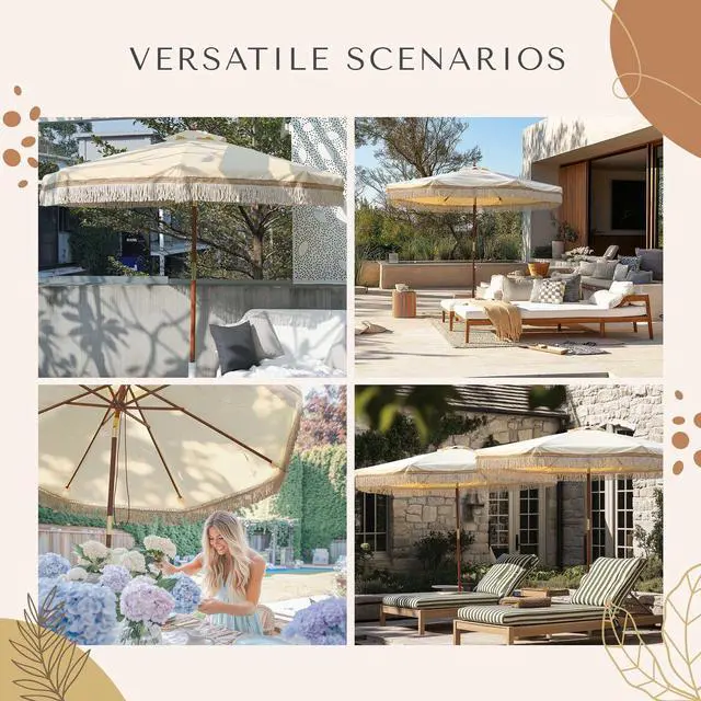 Alt view image 7 of 7 - LAGarden BOHO 9' Fringe Patio Umbrella with Tassels UPF50+ Boho Style 5-Year-Non-Fading for Outdoor Yard Market Butter Twisted Root