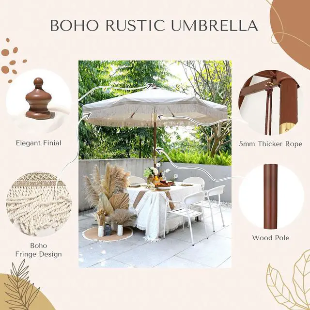 Alt view image 3 of 7 - LAGarden BOHO 9' Fringe Patio Umbrella with Tassels UPF50+ Boho Style 5-Year-Non-Fading for Outdoor Yard Market Ivony Xchevron