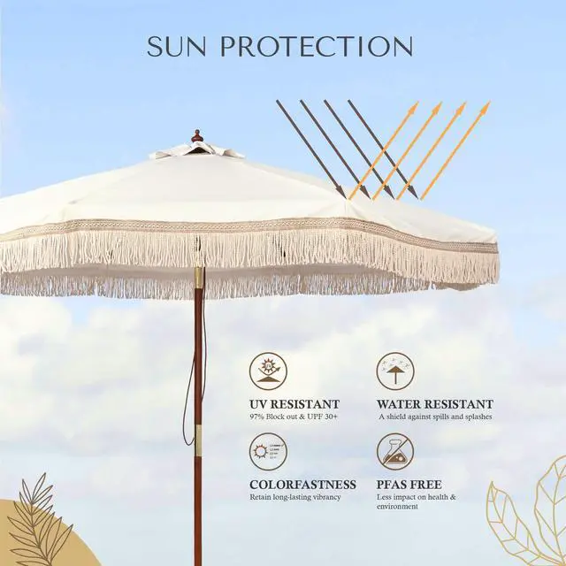 Alt view image 4 of 7 - LAGarden BOHO 9' Fringe Patio Umbrella with Tassels UPF50+ Boho Style 5-Year-Non-Fading for Outdoor Yard Market Ivony Xchevron