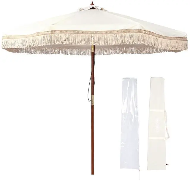 Main image of LAGarden BOHO 9' Fringe Patio Umbrella with Tassels UPF50+ Boho Style 5-Year-Non-Fading for Outdoor Yard Market Ivony Xchevron