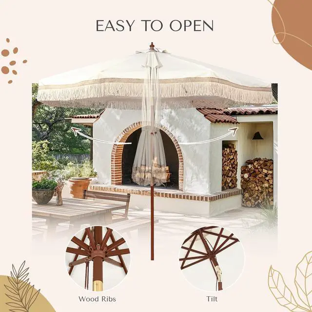 Alt view image 5 of 7 - LAGarden BOHO 9' Fringe Patio Umbrella with Tassels UPF50+ Boho Style 5-Year-Non-Fading for Outdoor Yard Market Ivony Xchevron