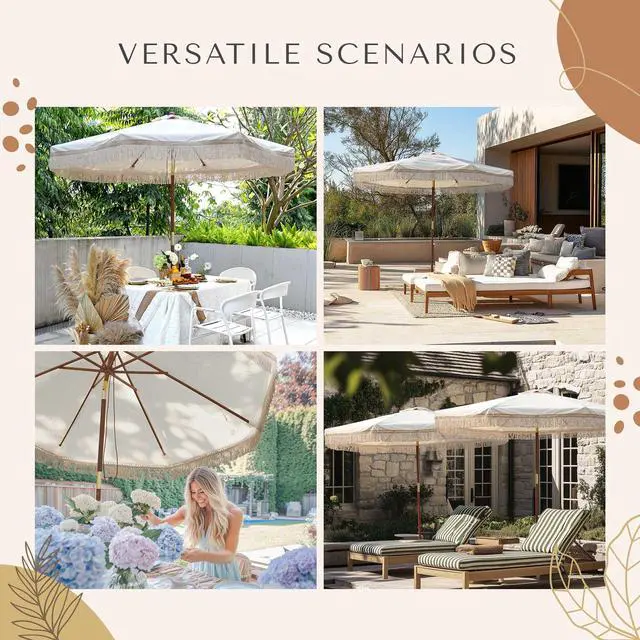 Alt view image 7 of 7 - LAGarden BOHO 9' Fringe Patio Umbrella with Tassels UPF50+ Boho Style 5-Year-Non-Fading for Outdoor Yard Market Ivony Xchevron